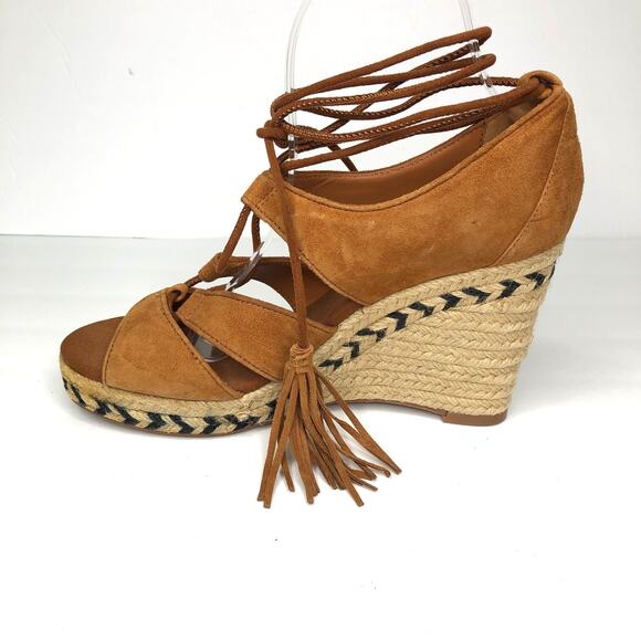 H&M Cognac Brown Suede Espadrille Wedge Lace Up Sandals 8.5 - Picture 4 of 10